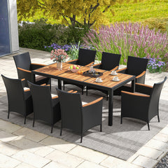Acacia wood tabletop and armrest are solid  crack-resistant and durable <br>Dining table with 1.97" umbrella hole keep your umbrella in place <br>Lasting PE rattan is non-fading and weather-resistant <br>Supportive slatted backrest and armrest offer ultim