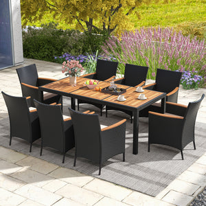 Acacia wood tabletop and armrest are solid  crack-resistant and durable <br>Dining table with 1.97" umbrella hole keep your umbrella in place <br>Lasting PE rattan is non-fading and weather-resistant <br>Supportive slatted backrest and armrest offer ultim
