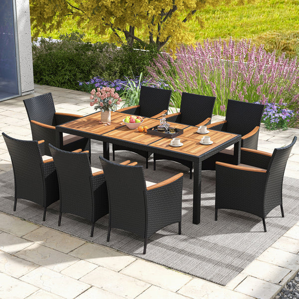 Acacia wood tabletop and armrest are solid  crack-resistant and durable <br>Dining table with 1.97" umbrella hole keep your umbrella in place <br>Lasting PE rattan is non-fading and weather-resistant <br>Supportive slatted backrest and armrest offer ultim