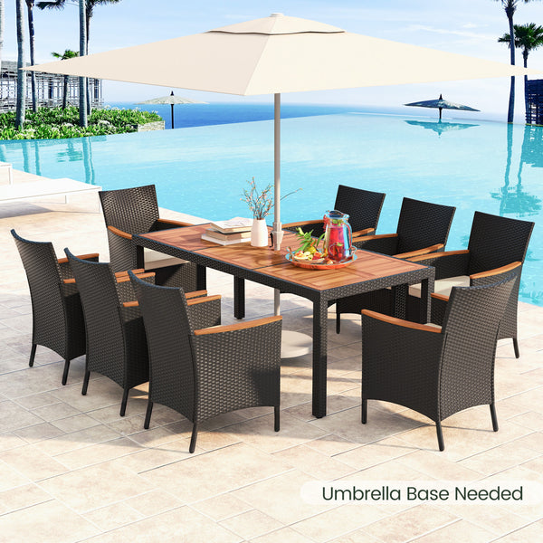 Acacia wood tabletop and armrest are solid  crack-resistant and durable <br>Dining table with 1.97" umbrella hole keep your umbrella in place <br>Lasting PE rattan is non-fading and weather-resistant <br>Supportive slatted backrest and armrest offer ultim