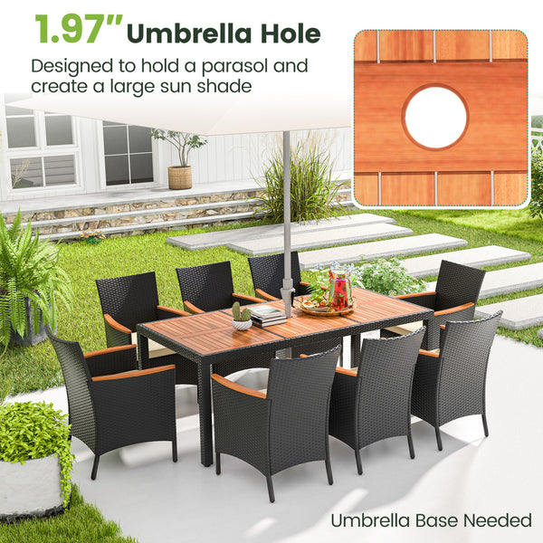 Acacia wood tabletop and armrest are solid  crack-resistant and durable <br>Dining table with 1.97" umbrella hole keep your umbrella in place <br>Lasting PE rattan is non-fading and weather-resistant <br>Supportive slatted backrest and armrest offer ultim