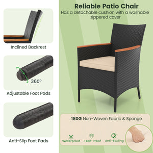 Acacia wood tabletop and armrest are solid  crack-resistant and durable <br>Dining table with 1.97" umbrella hole keep your umbrella in place <br>Lasting PE rattan is non-fading and weather-resistant <br>Supportive slatted backrest and armrest offer ultim