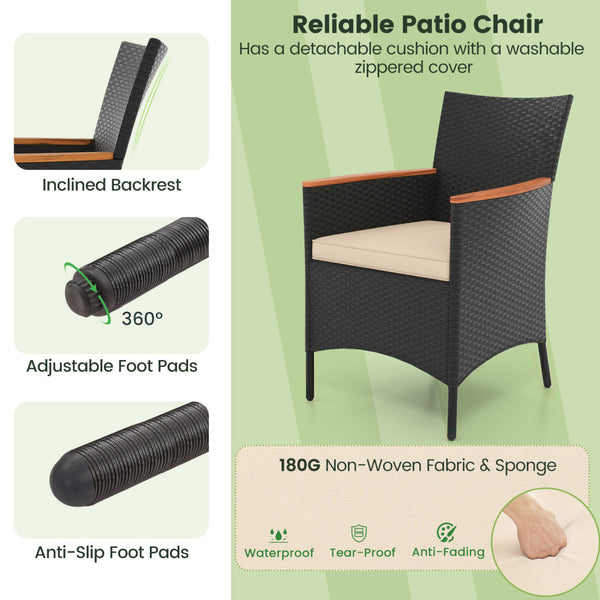 Acacia wood tabletop and armrest are solid  crack-resistant and durable <br>Dining table with 1.97" umbrella hole keep your umbrella in place <br>Lasting PE rattan is non-fading and weather-resistant <br>Supportive slatted backrest and armrest offer ultim