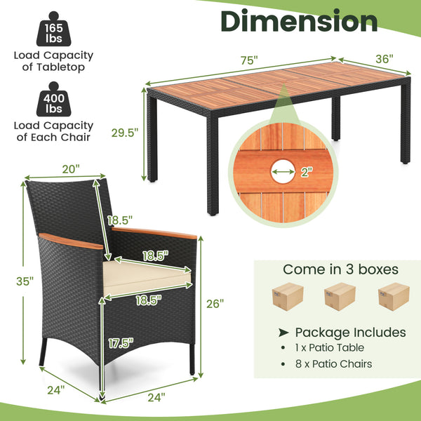 Acacia wood tabletop and armrest are solid  crack-resistant and durable <br>Dining table with 1.97" umbrella hole keep your umbrella in place <br>Lasting PE rattan is non-fading and weather-resistant <br>Supportive slatted backrest and armrest offer ultim
