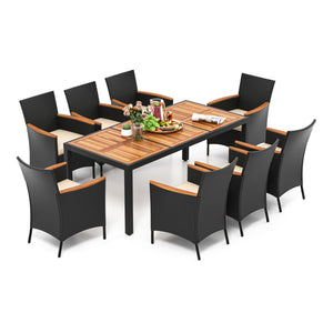 Acacia wood tabletop and armrest are solid  crack-resistant and durable <br>Dining table with 1.97" umbrella hole keep your umbrella in place <br>Lasting PE rattan is non-fading and weather-resistant <br>Supportive slatted backrest and armrest offer ultim