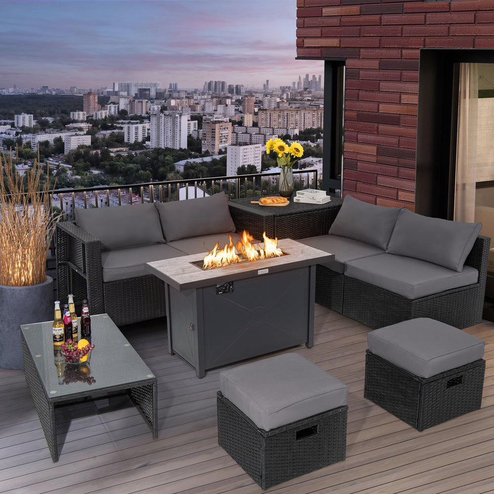 Deliver in 5 boxes  may arrive on the different days<br>2 bags of screws are packed in the different boxes (1 bag of screws in the fire pit table box and another bag of screws in the first sofa set box)<br>60 000 BTU for efficient and steady heating<br>Ea