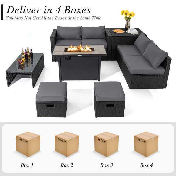 Deliver in 5 boxes  may arrive on the different days<br>2 bags of screws are packed in the different boxes (1 bag of screws in the fire pit table box and another bag of screws in the first sofa set box)<br>60 000 BTU for efficient and steady heating<br>Ea