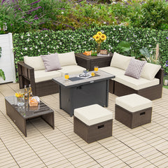 Ship in 5 boxes  may arrive on different days<br>2 bags of screws are packed in different boxes (1 bag of screws in the fire pit table box and another bag of screws in the first sofa set box)<br>60 000 BTU for efficient and steady heating<br>Adjustable fl