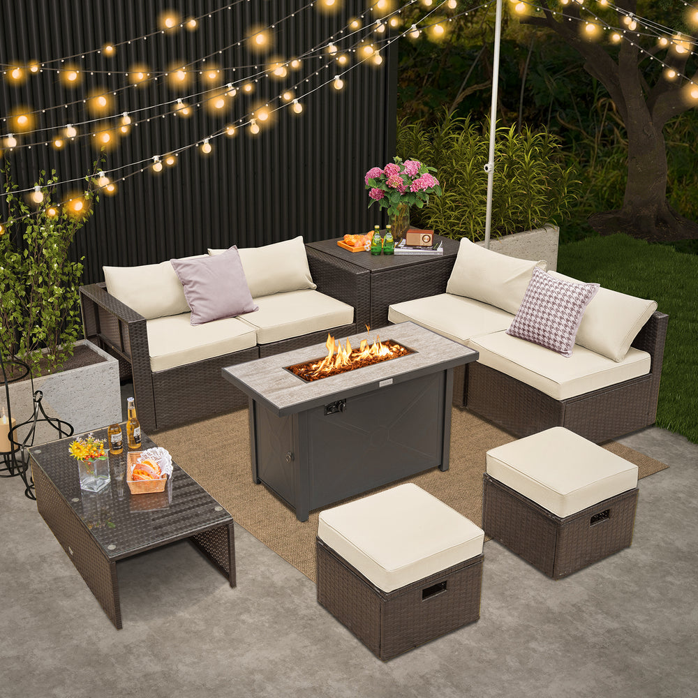 Ship in 5 boxes  may arrive on different days<br>2 bags of screws are packed in different boxes (1 bag of screws in the fire pit table box and another bag of screws in the first sofa set box)<br>60 000 BTU for efficient and steady heating<br>Adjustable fl