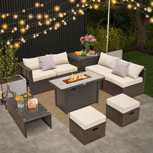 Ship in 5 boxes  may arrive on different days<br>2 bags of screws are packed in different boxes (1 bag of screws in the fire pit table box and another bag of screws in the first sofa set box)<br>60 000 BTU for efficient and steady heating<br>Adjustable fl
