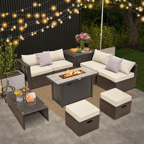 Ship in 5 boxes  may arrive on different days<br>2 bags of screws are packed in different boxes (1 bag of screws in the fire pit table box and another bag of screws in the first sofa set box)<br>60 000 BTU for efficient and steady heating<br>Adjustable fl