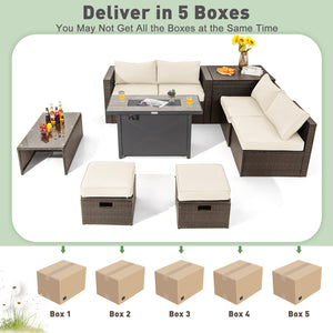 Ship in 5 boxes  may arrive on different days<br>2 bags of screws are packed in different boxes (1 bag of screws in the fire pit table box and another bag of screws in the first sofa set box)<br>60 000 BTU for efficient and steady heating<br>Adjustable fl
