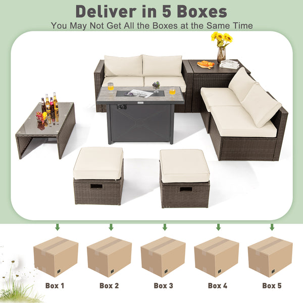 Ship in 5 boxes  may arrive on different days<br>2 bags of screws are packed in different boxes (1 bag of screws in the fire pit table box and another bag of screws in the first sofa set box)<br>60 000 BTU for efficient and steady heating<br>Adjustable fl