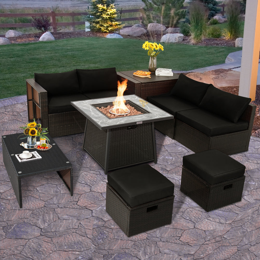Package Including 1 Fire Pit Table  1 Bag of Lava Rock  1 AAA Battery  1 Fire Pit PVC Cover  1 Coffee Table  1 Storage Box  1 Sofa Set Waterproof Cover  2 Ottomans  2 Corner Sofas  2 Armless Sofas  2 Ottomanâ€™s Cushions  4 Back Cushions  4 Seat Cushions 