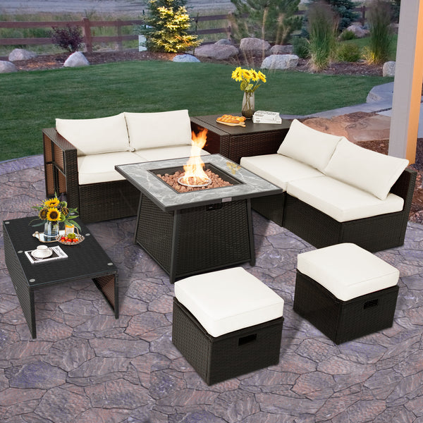 Package Including 1 Fire Pit Table  1 Bag of Lava Rock  1 AAA Battery  1 Fire Pit PVC Cover  1 Coffee Table  1 Storage Box  1 Sofa Set Waterproof Cover  2 Ottomans  2 Corner Sofas  2 Armless Sofas  2 Ottomanâ€™s Cushions  4 Back Cushions  4 Seat Cushions 