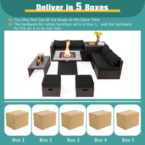 Package Including 1 Fire Pit Table  1 Bag of Lava Rock  1 AAA Battery  1 Fire Pit PVC Cover  1 Coffee Table  1 Storage Box  1 Sofa Set Waterproof Cover  2 Ottomans  2 Corner Sofas  2 Armless Sofas  2 Ottomanâ€™s Cushions  4 Back Cushions  4 Seat Cushions 