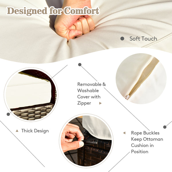 Package Including 1 Fire Pit Table  1 Bag of Lava Rock  1 AAA Battery  1 Fire Pit PVC Cover  1 Coffee Table  1 Storage Box  1 Sofa Set Waterproof Cover  2 Ottomans  2 Corner Sofas  2 Armless Sofas  2 Ottomanâ€™s Cushions  4 Back Cushions  4 Seat Cushions 
