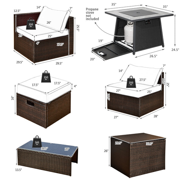 Package Including 1 Fire Pit Table  1 Bag of Lava Rock  1 AAA Battery  1 Fire Pit PVC Cover  1 Coffee Table  1 Storage Box  1 Sofa Set Waterproof Cover  2 Ottomans  2 Corner Sofas  2 Armless Sofas  2 Ottomanâ€™s Cushions  4 Back Cushions  4 Seat Cushions 