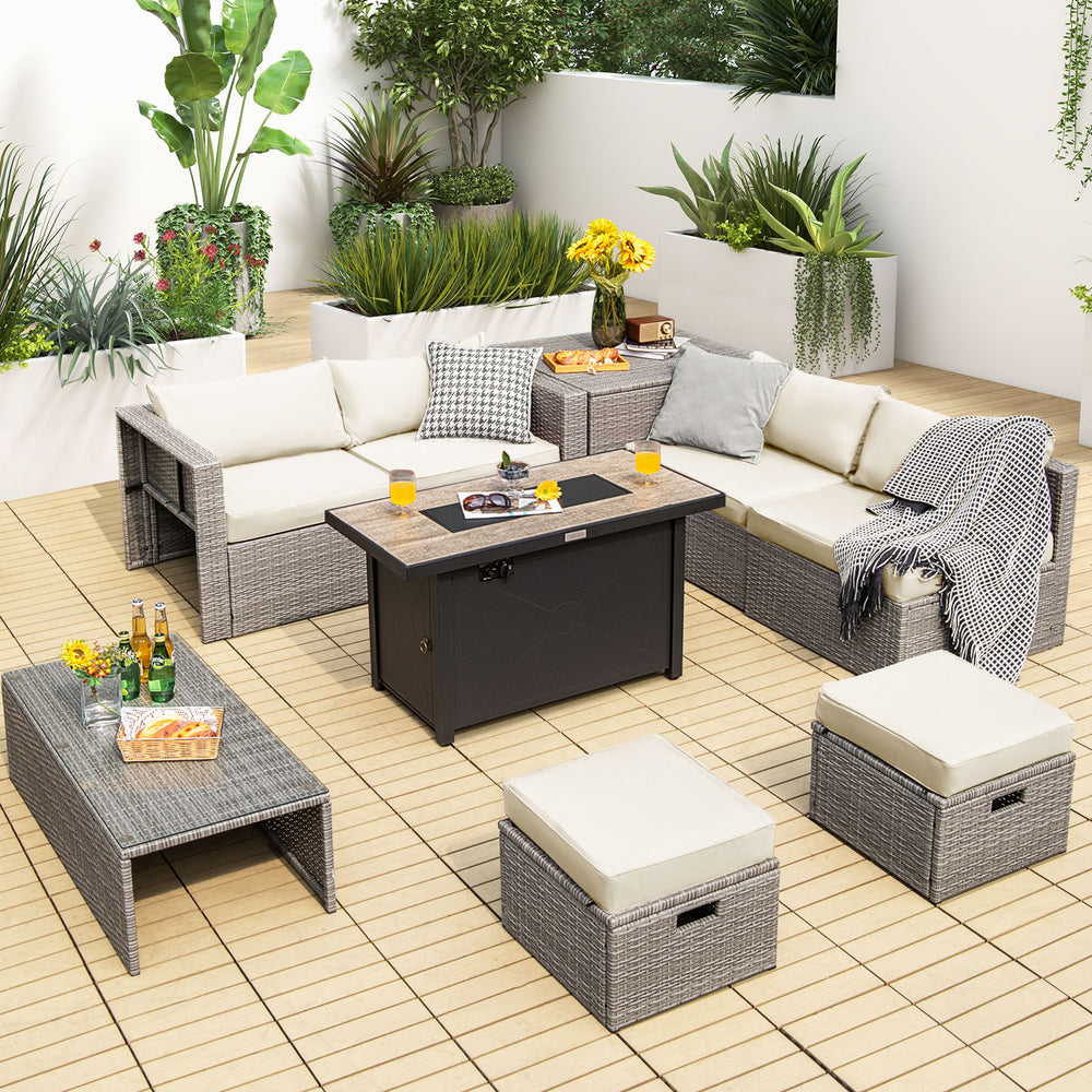 4 boxes delivery  arrival time may vary <br>Selected hand-woven PE wicker for fade resistance <br>The rustproof metal frame is stable as well <br>Use the heat-resistant ceramic material for the fire pit tabletop <br>2 waterproof covers for all-round prote
