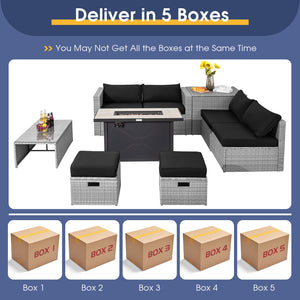 4 boxes delivery  arrival time may vary <br>Selected hand-woven PE wicker for fade resistance <br>The rustproof metal frame is stable as well <br>Use the heat-resistant ceramic material for the fire pit tabletop <br>2 waterproof covers for all-round prote