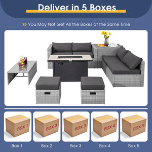 4 boxes delivery  arrival time may vary <br>Selected hand-woven PE wicker for fade resistance <br>The rustproof metal frame is stable as well <br>Use the heat-resistant ceramic material for the fire pit tabletop <br>2 waterproof covers for all-round prote