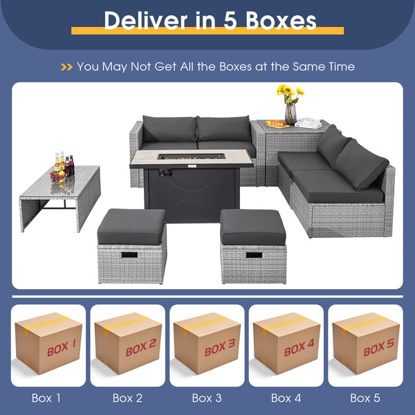 4 boxes delivery  arrival time may vary <br>Selected hand-woven PE wicker for fade resistance <br>The rustproof metal frame is stable as well <br>Use the heat-resistant ceramic material for the fire pit tabletop <br>2 waterproof covers for all-round prote
