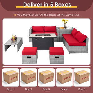 4 boxes delivery  arrival time may vary <br>Selected hand-woven PE wicker for fade resistance <br>The rustproof metal frame is stable as well <br>Use the heat-resistant ceramic material for the fire pit tabletop <br>2 waterproof covers for all-round prote