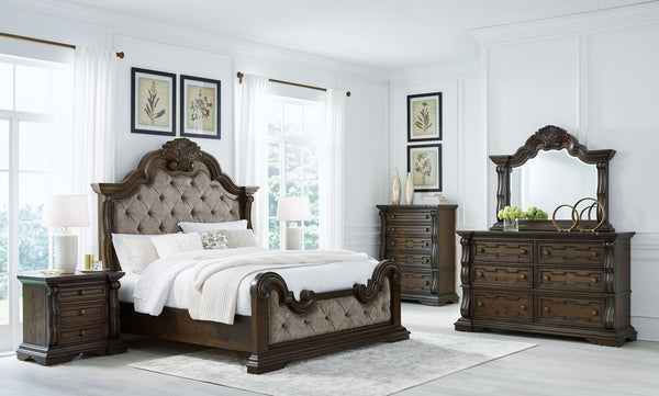 Maylee - 8 Pc. - Dresser, Mirror, Chest, California King Upholstered Bed, 2 Nightstands - Dark Brown
