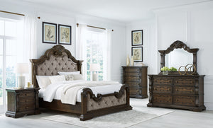 Maylee - 7 Pc. - Dresser, Mirror, King Upholstered Bed, 2 Nightstands - Dark Brown