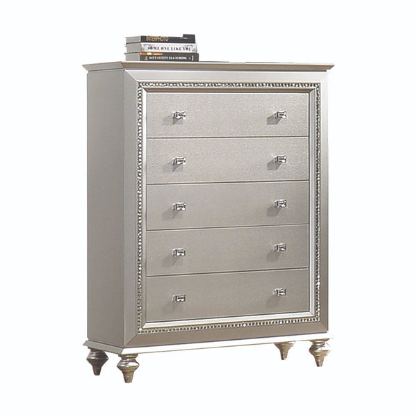 The Kaitlyn chest provides a commanding presence in any room. Crafted with a transitional look that is an ideal addition to any bedroom, the chest is accented with textured front and a crystal-like sparkling trim. Its crystal-like trimming creates dazzlin