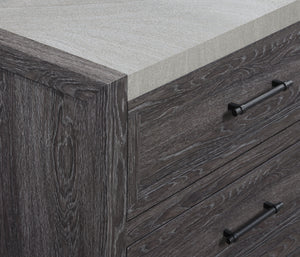  gray finish with a streamlined design. The sturdy bed acts as the focal point with a bold yet unadorned headboard