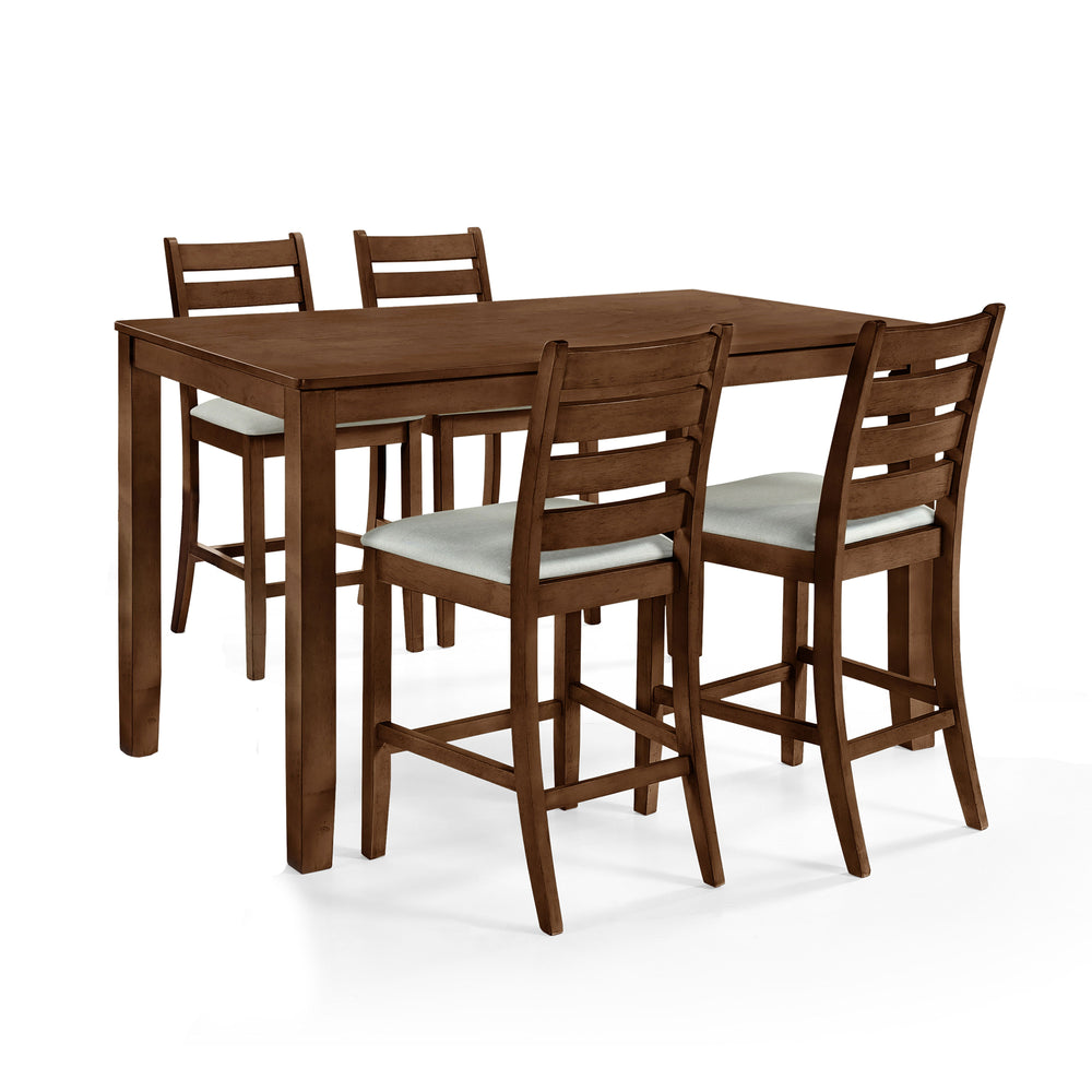 Discover the Pascal 5 Piece Counter Height Dining Room Set in warm Walnut Brown, featuring a wood counter dining table and four counter chairs. This set is crafted from a durable combination of solid Rubberwood and manufactured woods, ensuring long-lastin