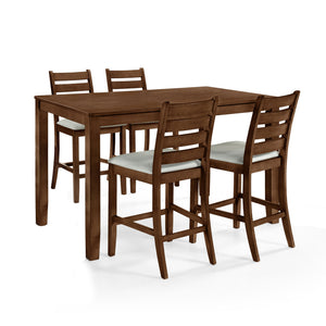 Discover the Pascal 5 Piece Counter Height Dining Room Set in warm Walnut Brown, featuring a wood counter dining table and four counter chairs. This set is crafted from a durable combination of solid Rubberwood and manufactured woods, ensuring long-lastin