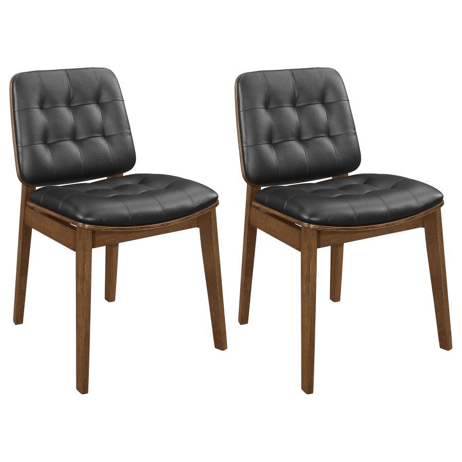 Inspiration for these classy dining chairs comes from a popular office chair design. Warm natural walnut finish and black leatherette provide timeless look and appeal. Stylish black leatherette cushions add a touch of modern flair. The ability to mix and 