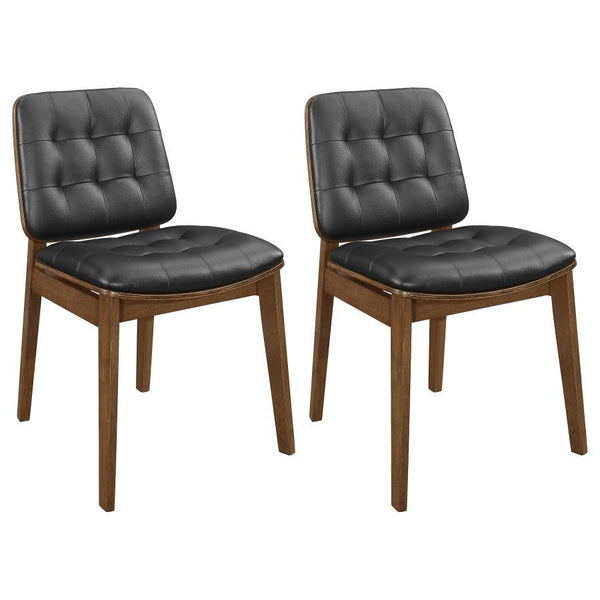 Inspiration for these classy dining chairs comes from a popular office chair design. Warm natural walnut finish and black leatherette provide timeless look and appeal. Stylish black leatherette cushions add a touch of modern flair. The ability to mix and 