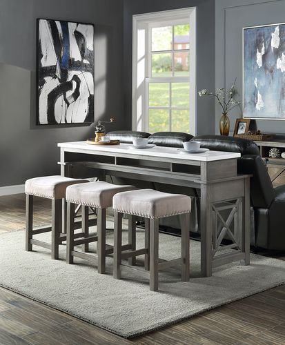 KD, 4Pc Pack, Rectangular Table Marble Top: No Leaf Wooden Leg Rectangular Armless Stool (Backless) Upholstery Seat & Wooden Leg USB Plug Included Table Top Thickness: 32mm N.W. of Table: 155Lbs N.W. of Stool: 15Lbs Foam Density: D20<br/><br/><b>Product F
