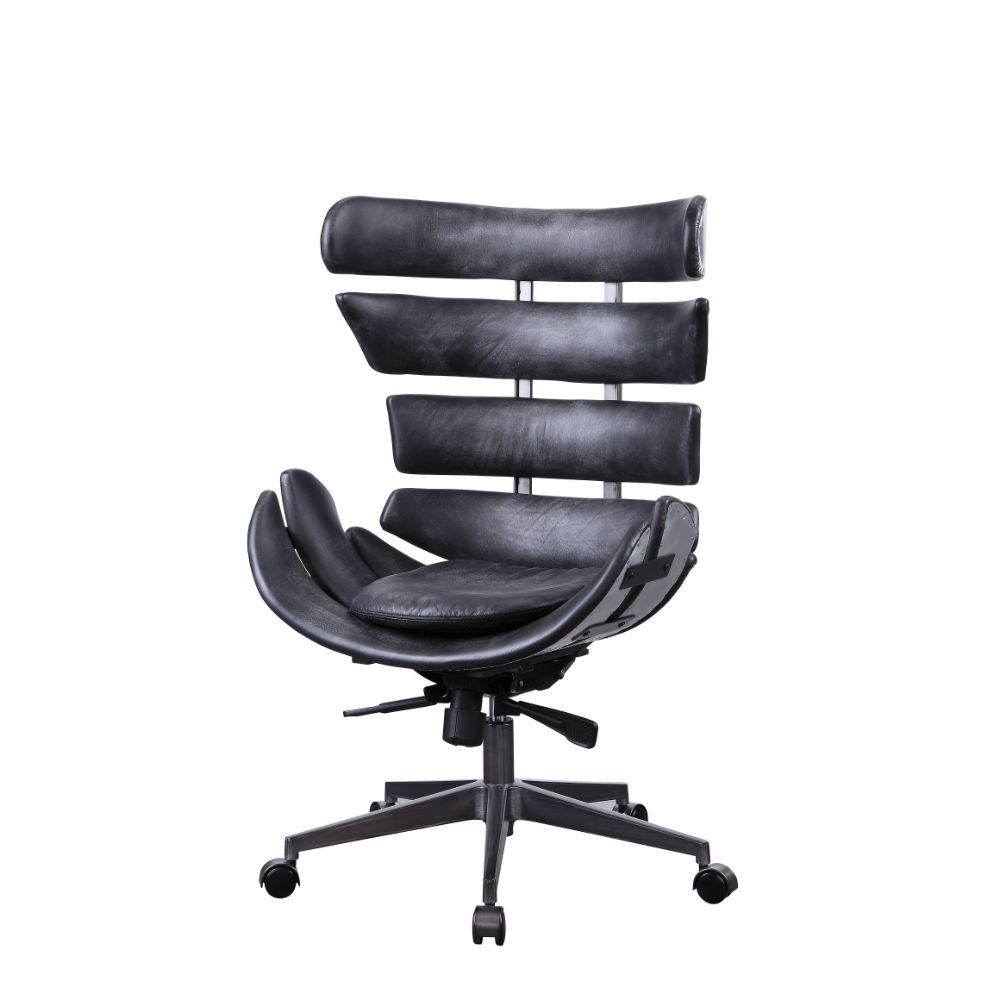 Whether you are working in the office or at home, you deserve a chair that provides comfort and support while maintaining the look you want. Vintage black top grain leather with horizontal panel frame, this Megan executive office chair provides a professi