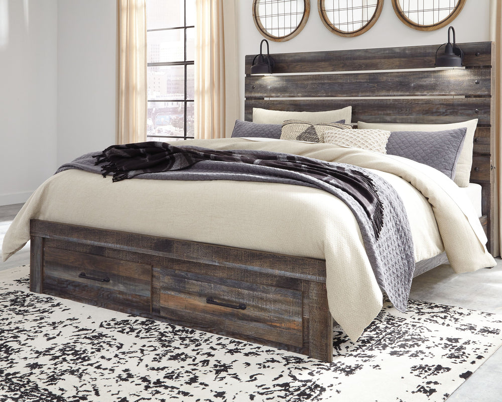 When merged in just the right way, rustic and industrial styles can make one happy marriage. Case in point: this king panel bed with storage. A refined take on barn board beauty, its complex, replicated wood grain showcases hints of burnt orange and teal 
