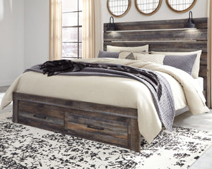 When merged in just the right way, rustic and industrial styles can make one happy marriage. Case in point: this king panel bed with storage. A refined take on barn board beauty, its complex, replicated wood grain showcases hints of burnt orange and teal 