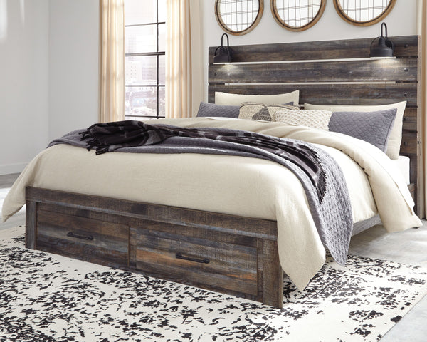 When merged in just the right way, rustic and industrial styles can make one happy marriage. Case in point: this king panel bed with storage. A refined take on barn board beauty, its complex, replicated wood grain showcases hints of burnt orange and teal 