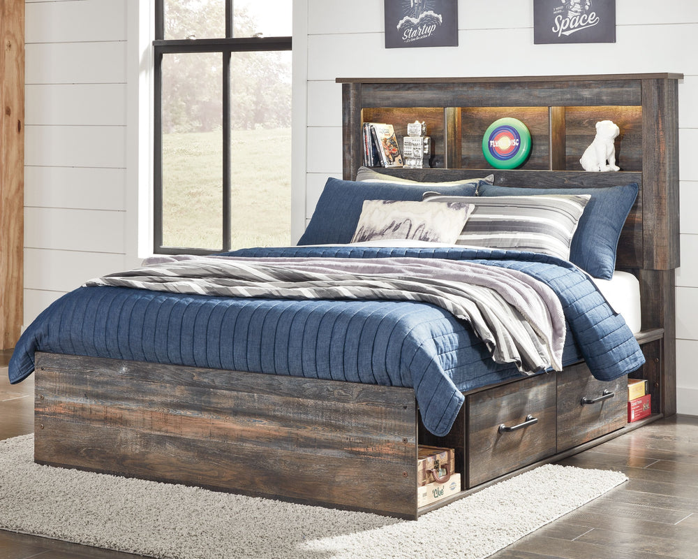 When merged in just the right way, rustic and industrial styles can make one happy marriage. Case in point: this full bookcase bed with storage. A refined take on barn board beauty, its complex, replicated wood grain showcases hints of burnt orange and te