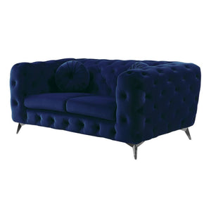 Elegant and eye-catching, the beautiful Atronia loveseat is the perfect addition to any space. Chic button tuft design with bright blue cover, strength, and beauty guaranteed with sturdy wood frame and chrome legs. This loveseat is bound to be the convers