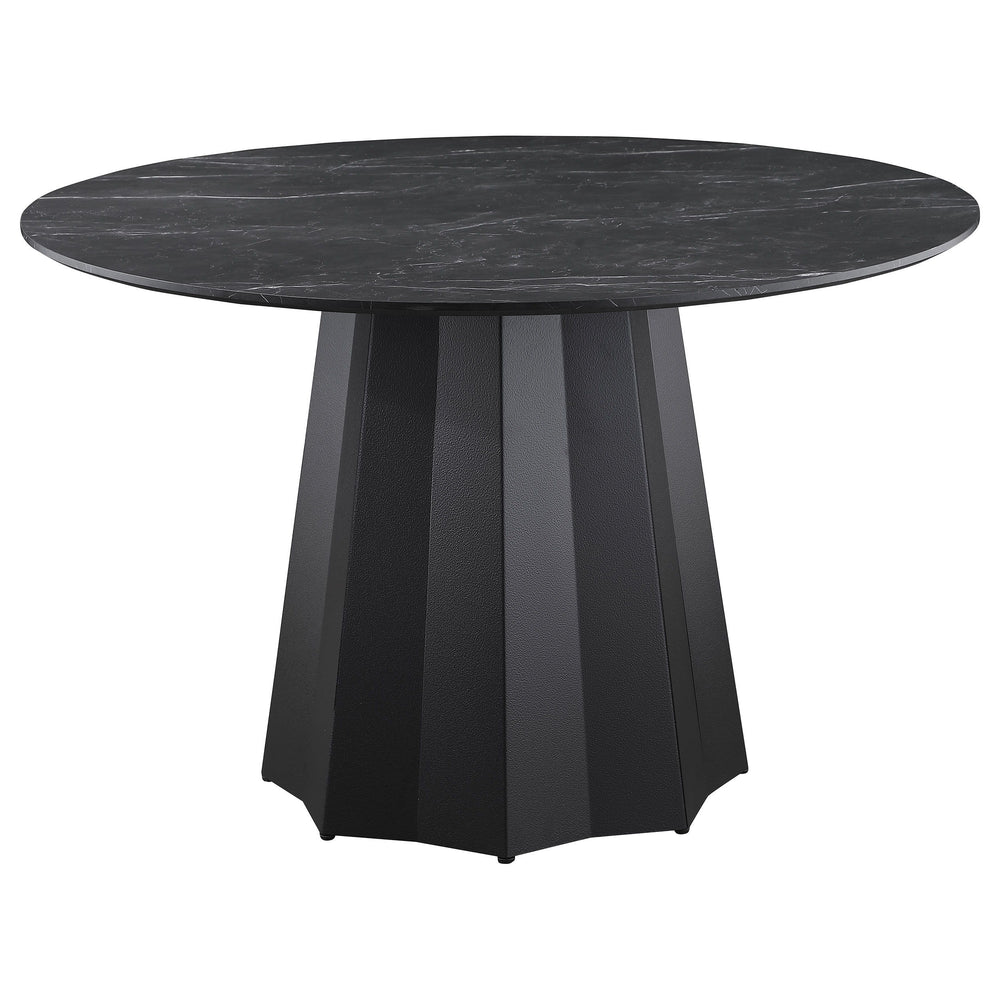 Punctuate your home with the luxurious look of a faux marble dining table, bringing the classic modern look of black marble and black metal into your space. This affordable table features a marble printed melamine top that adds a sense of sophistication t