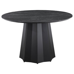 Punctuate your home with the luxurious look of a faux marble dining table, bringing the classic modern look of black marble and black metal into your space. This affordable table features a marble printed melamine top that adds a sense of sophistication t