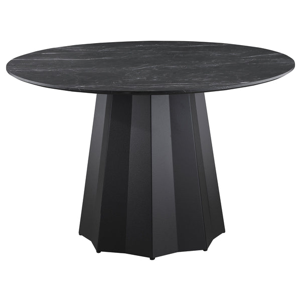 Punctuate your home with the luxurious look of a faux marble dining table, bringing the classic modern look of black marble and black metal into your space. This affordable table features a marble printed melamine top that adds a sense of sophistication t