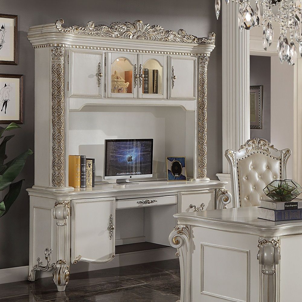 Assembled, Computer Hutch & Desk Hutch: 4 Doors Desk: 1 Door, 3 Drw Wooden Scrolled Leg Floral Moldings with Gold Hand-Brush Accent Finish