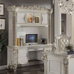 Assembled, Computer Hutch & Desk Hutch: 4 Doors Desk: 1 Door, 3 Drw Wooden Scrolled Leg Floral Moldings with Gold Hand-Brush Accent Finish