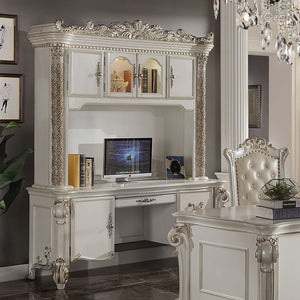 Assembled, Computer Hutch & Desk Hutch: 4 Doors Desk: 1 Door, 3 Drw Wooden Scrolled Leg Floral Moldings with Gold Hand-Brush Accent Finish