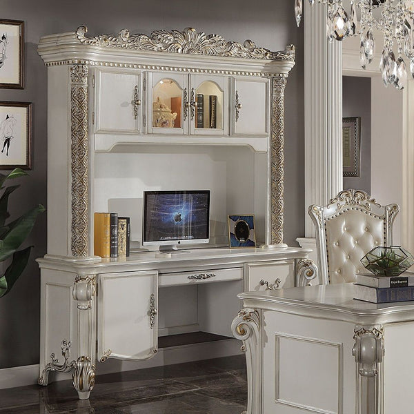 Assembled, Computer Hutch & Desk Hutch: 4 Doors Desk: 1 Door, 3 Drw Wooden Scrolled Leg Floral Moldings with Gold Hand-Brush Accent Finish