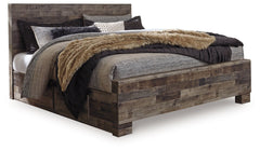 Modern yet hefty. This king panel bed with storage makes an urban eclectic statement. Its seasoned raw wood look merges with the clean-lined design we love today. A muted rustic finish over replicated pine grain maintains its authenticity for a beauteous 